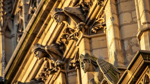 Close-up of the intricate stonework on the facade of Notre-Dame Cathedral, detailed gargoyles, soft evening light. 