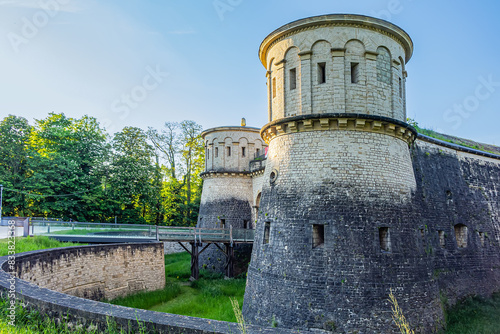 Walls and towers of Fort Thungen (known as Three Acorns, or Drai Eechelen) is a historic fortification in Luxembourg City, was built in 1732. Luxembourg City.