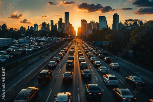 Sunset Over Bustling City Highway With Traffic Jam