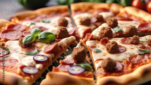 mouth-watering pizza featuring slices of sausage, fresh basil, and melted mozzarella cheese on golden-brown crust. pizza is cut into pieces, showcasing its delicious toppings and perfectly baked base
