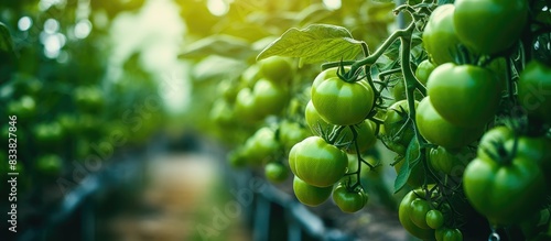 Green tomatoes plantation with young tomato plants thriving in a greenhouse setting, showcasing organic farming practices in a copy space image.