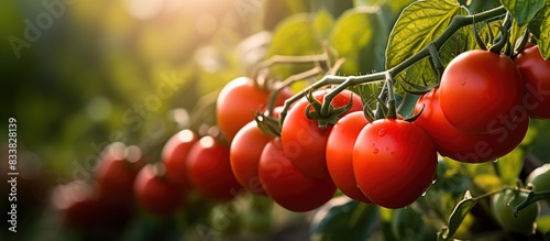 A new crop of ripe tomatoes displayed on tomato plants, offering a vibrant and appealing sight with ample copy space image.
