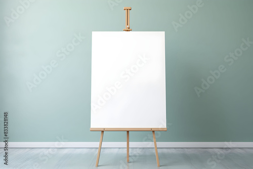 An easel with a blank white canvas stands in an empty minimalist room with sage green wall. Background for mockups.