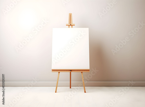 An easel with a blank white canvas stands in an empty minimalist room with beige wall. Background for mockups.