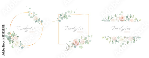 Floral eucalyptus and gold vector frames. Hand painted branches, leaves on white backgrounds. Greenery wedding simple minimalist invitations. Watercolor cards. All elements are isolated and editable