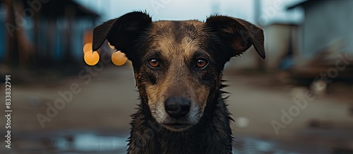 Copy space image featuring a stray dog's captivating gaze as it stares into the camera.