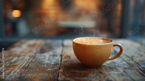 Close-Up of a Freshly Brewed Coffee Cup: Capture a close-up of a steaming cup of freshly brewed coffee on a rustic wooden table