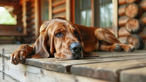 Portrait of a sad bloodhound dog lying on the porch of a wooden house