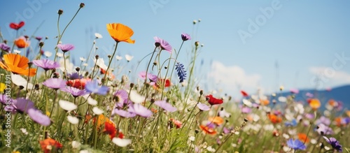 Field with wild flowers in bloom, copy space image.
