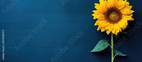 A vibrant yellow sunflower stands out against a dark blue backdrop with plenty of copy space image.