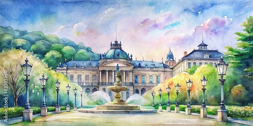 Watercolor painting of Schlossplatz in Stuttgart, Germany , watercolor, artwork, city center, architecture, landmark, Europe, travel, tourist destination, urban, square, fountain