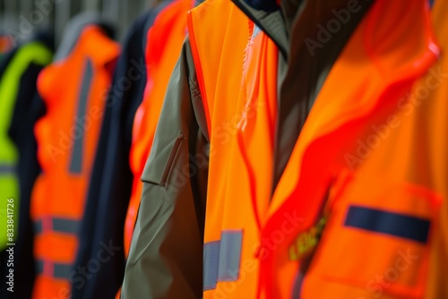 Collection of high-visibility reflective safety vests hanging in a row