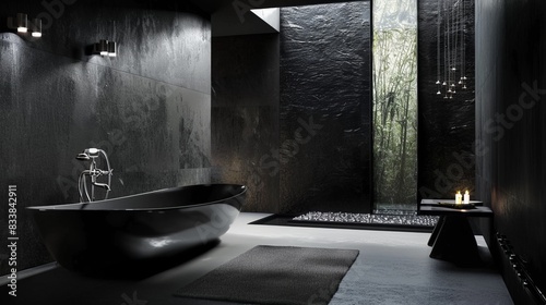 A black bathroom with an elegant black clawfoot bathtub with silver faucet. To the left of the bathtub is a small wooden stool that appears to hold candles and toiletries. 