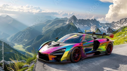 22. A high-performance sports car with a rainbow wrap, parked on a mountain overlook with a stunning panoramic view