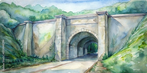 Reinforced concrete tunnel structure with side openings, watercolor , tunnel, structure, reinforced concrete, side openings, watercolor,architecture, engineering, underground