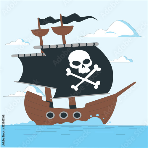 Pirate ship deck onboard night view, wooden boat with cannon, glow lantern, wood barrels, hold entrance, mast with ropes and jolly roger flag on dark seascape background, cartoon vector illustration 