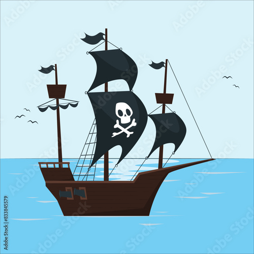 Historical Pirate ship on the sea under black sails and a pirate flag Sailing pirate ship with black flags in the sea. Wooden sailboat on water. Cartoon vector illustration. 