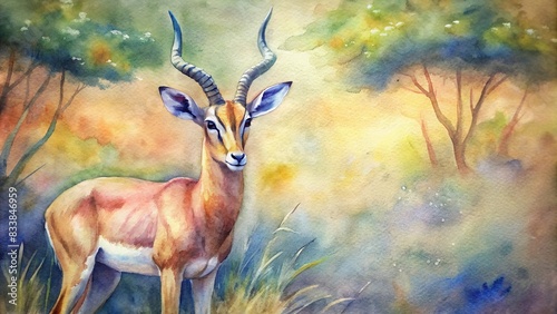 Impala gracefully depicted in a watercolor painting in a natural wild setting , impala, wildlife, watercolor, African, nature, savanna, graceful, painting, animal, wild, antelope, colorful