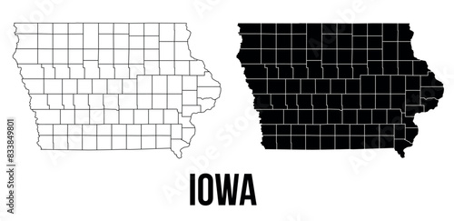 Iowa map of city regions districts vector black on white and outline