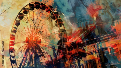 Night market ferris wheel at night. Ferris wheel close up and light effects in amusement park.