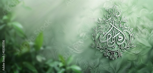 Elegant Eid ul Adha greeting card with silver calligraphy on a soft green background with copy space for text