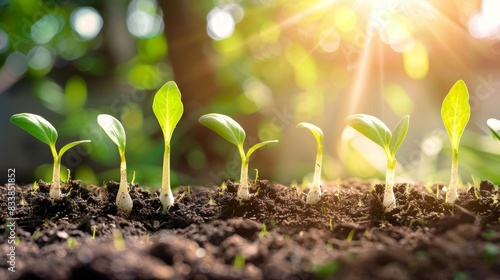 Sprouts in soil with sunlight, representing business success and development, green and brown hues, natural and vibrant, growth concept