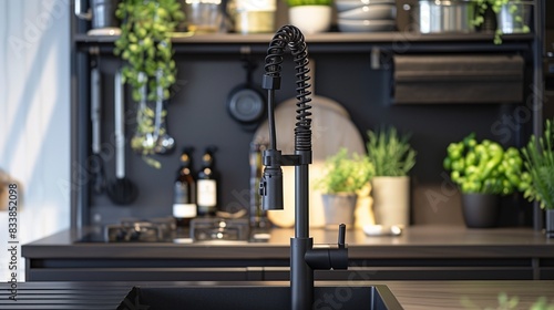 A matte black pull-out kitchen tap with a flexible hose, offering versatility and ease of use for rinsing and cleaning tasks in a contemporary kitchen space.