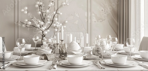 Elegant Eid ul Adha table setting with white and silver accents in a minimalist room with copy space for text