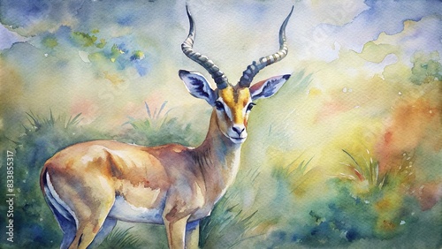 Impala gracefully depicted in a watercolor painting in a natural wild setting , impala, wildlife, watercolor, African, nature, savanna, graceful, painting, animal, wild, antelope, colorful