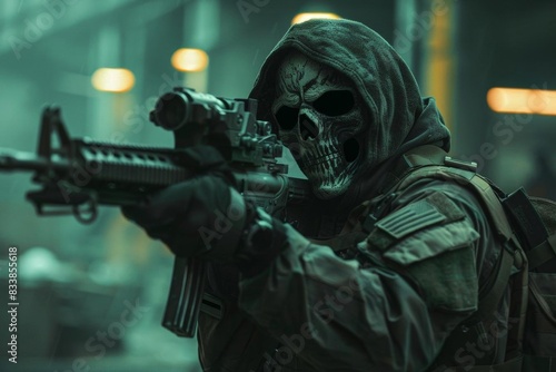 Skeletonmasked soldier aiming an assault rifle, abandoned factory in the background, dramatic lighting, cyberpunk, high detail