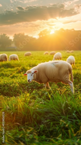 Simple Eid ul Adha scene with white sheep on a lush green field under a bright sky with copy space for text