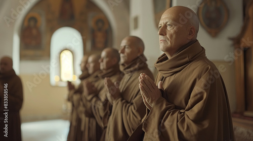 Monks praying solemnly inside a softly lit church.