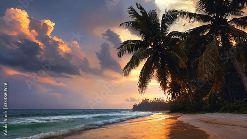 Coconut palm trees on the beach in the evening with copyspace, 16:9, 300dpi