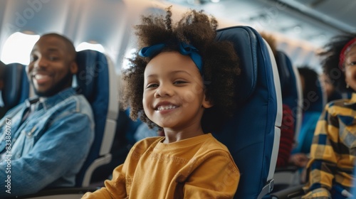 A joyful young girl with curly hair wearing a yellow top sitting in an airplane seat smiling at the camera with a man in a denim jacket seated behind her.