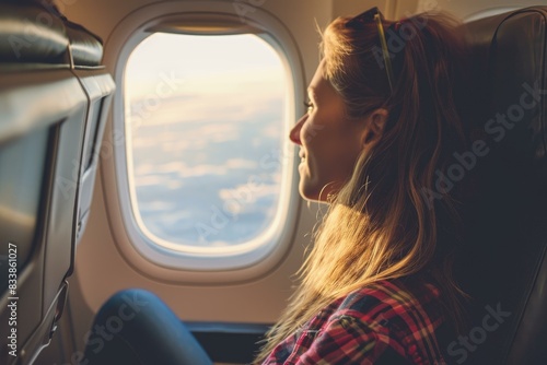 Side view of a contemplative woman looking out the plane window during a flight at sunset