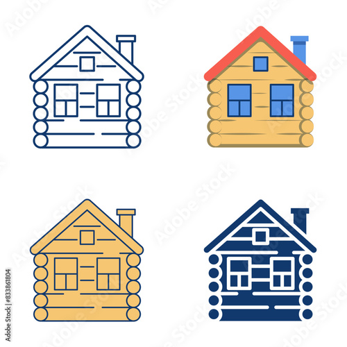 Wooden country house icon set in flat and line style. Russian traditional izba hut. Vector illustration.