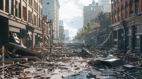 An image depicting the aftermath of a natural disaster with damaged buildings and debris scattered across an urban street.