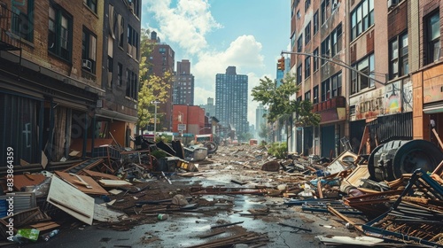 An image depicting the aftermath of a natural disaster with damaged buildings and debris scattered across an urban street.