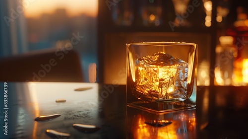A shot of whiskey served on the rocks with a single large ice cube, slowly melting to enhance the flavor and aroma of the spirit.