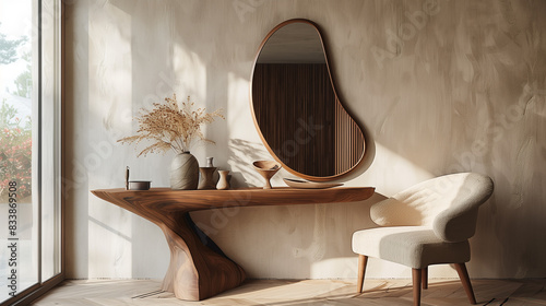 asymmetrical wooden frame mirror, modern wooden console table with decorative vases