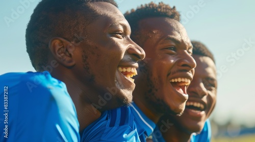 Three young men in blue shirts, laughing heartily with joyous expressions, against a blurred background, suggesting a moment of shared happiness and camaraderie.