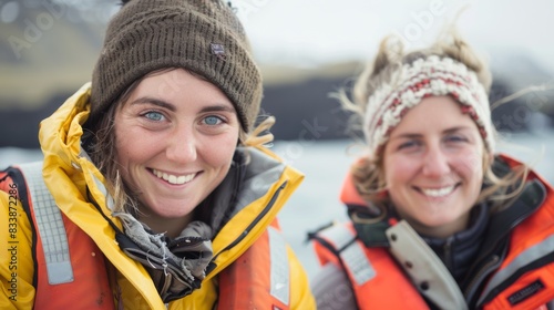 Two women wearing life jackets and winter hats smiling and posing for a photo in a cold outdoor setting with a body of water and a rocky shore in the background.