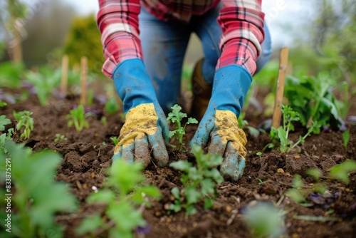 Closeup of a gardener's hands planting seedlings in a garden bed.
