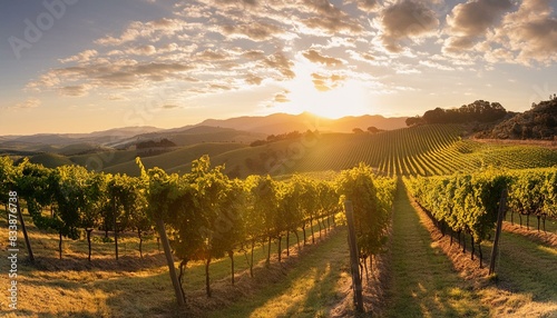 "Create a picture of a peaceful vineyard at sunset, with rows of grapevines stretching across rolling hills, bathed in the warm glow of the evening sun."