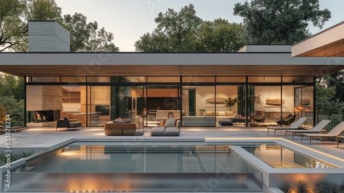 Modern house in u-Form with pool, concrete and wood elements, glass walls at sunset, living room, dining area, outdoor seating, courtyard, minimalist style. Generative AI.