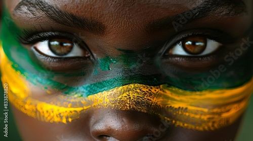 photo of a black woman portrait close up, she is a model, her face is painted with a jamaican flag, beautiful