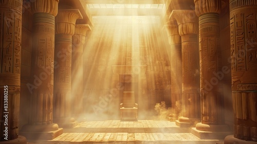 Ancient Egyptian majestic temple with columns and a throne. Atmospheric ancient interior Egypt hall. Rays of the sun, haze. AI