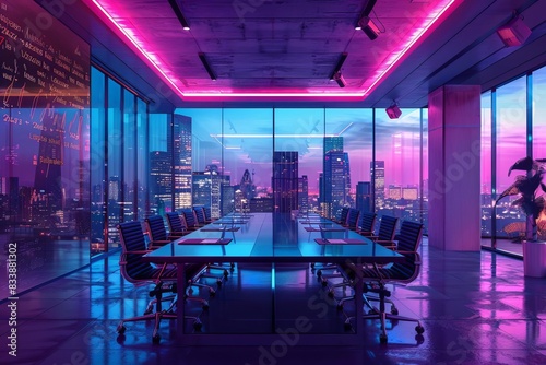 picture a boardroom with timeline on the wall of 2023 in months with gibberish topics each month that have been checked as completed No people in the room