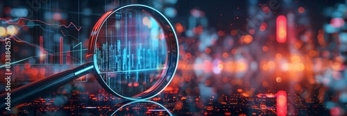 Magnifying glass analyzing data charts. Modern image depicting data analysis and market research concept. Ideal for financial, academic, and business presentations.