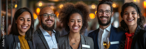 Smiling diverse group in a business setting. Perfect for showcasing diversity, teamwork, and professional networking. Ideal for marketing, corporate, and editorial use